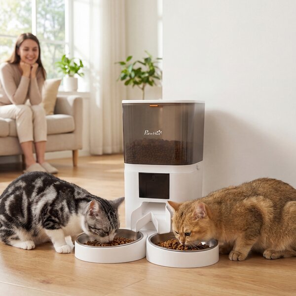 PawHut Distribuitor Automat Hrană Pisici 6L WiFi 2.4G, Control prin Aplicație cu Timer, 1-10 Mese pe Zi, Înregistrare 10s, 2 Boluri din Oțel Inoxidabil | Aosom Romania