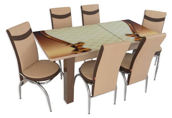 Set masă extensibilă Queen Picior PAL cu 6 scaune crem maro