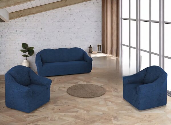 Set huse elastice pentru canapea 3 Locuri si 2 fotolii, fara volanas, model Jacquard Albastru in dungi