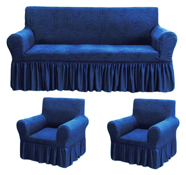 Set huse elastice pentru canapea 3 Locuri si 2 fotolii, cu volanas, model Jacquard Albastru in dungi