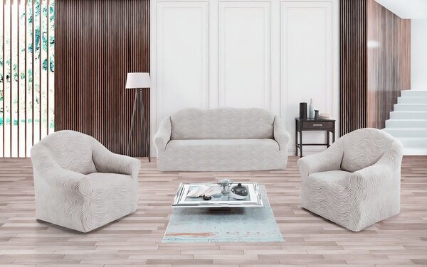 Set huse elastice pentru canapea 3 Locuri si 2 fotolii, fara volanas, model Jacquard Alb in dungi