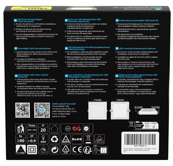 Aigostar - Corp LED încastrat 12W/230V 3000K 17,5x17,5 cm alb