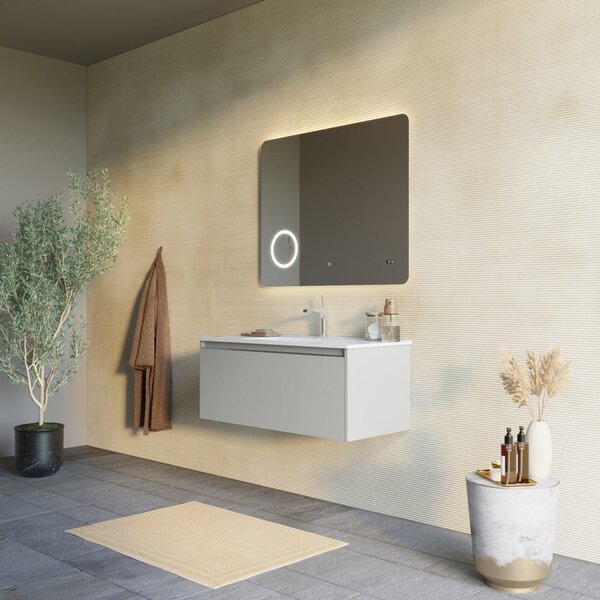 Mobilier Baie Suspendat, 100cm, Bej Mat, Cu Oglindă Touch Led | Monaco