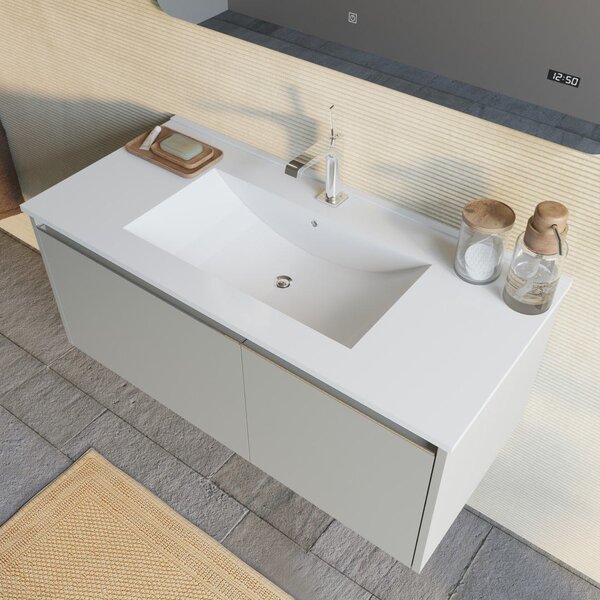 Mobilier Baie Suspendat, 100cm, Bej Mat, Cu Oglindă Touch Led | Monaco