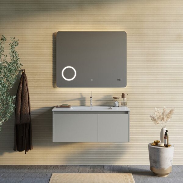 Mobilier Baie Suspendat, 100cm, Bej Mat, Cu Oglindă Touch Led | Monaco