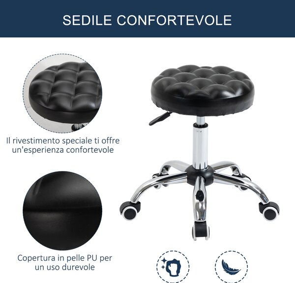 Taburet Reglabil HOMCOM cu Înălțime Ajustabilă, 5 Roti Pivotante, din Oțel și Piele Ecologică, Ф48x47-59cm, Negru | Aosom Romania