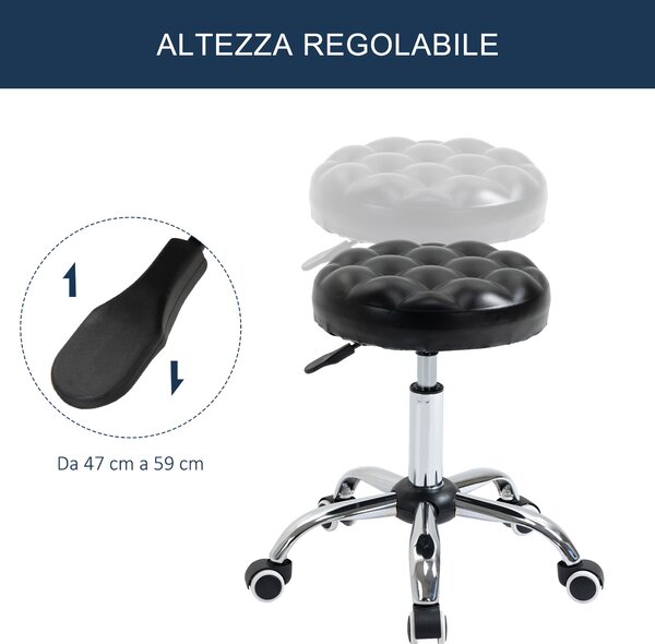 Taburet Reglabil HOMCOM cu Înălțime Ajustabilă, 5 Roti Pivotante, din Oțel și Piele Ecologică, Ф48x47-59cm, Negru | Aosom Romania