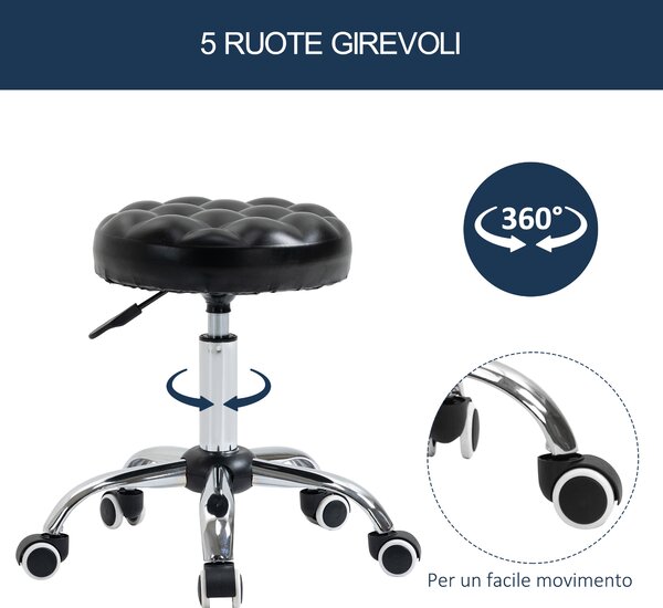Taburet Reglabil HOMCOM cu Înălțime Ajustabilă, 5 Roti Pivotante, din Oțel și Piele Ecologică, Ф48x47-59cm, Negru | Aosom Romania