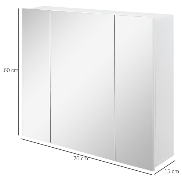 Kleankin Dulapior Baie Suspendat cu Oglindă, 3 Uși, Rafturi Reglabile, Lemn, Design Modern, 70x15x60cm, Alb | Aosom Romania