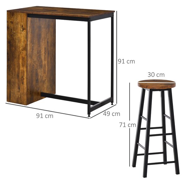 HOMCOM Set de Masă de Bar și Scaune cu Raft de Depozitare, 91x49x91 cm, Maro Rustic | Aosom Romania