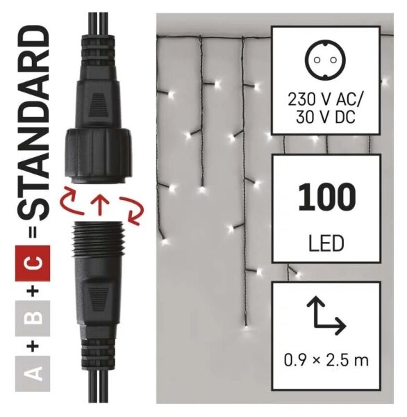 Ghirlandă LED pentru exterior, 100 LED, 2,5 x 0,9 m, IP44, alb rece