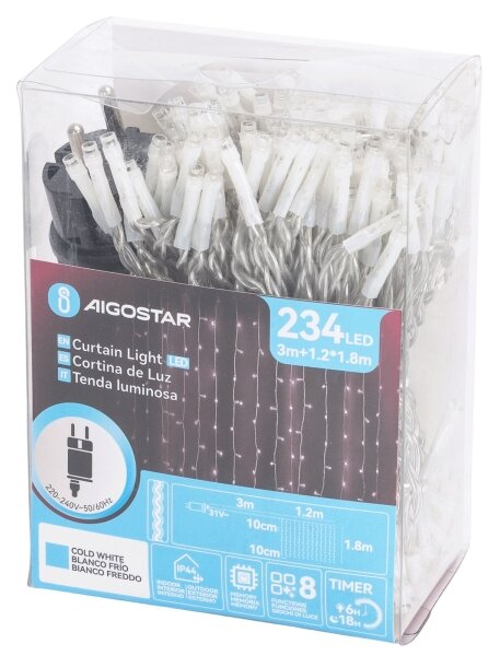 Aigostar - Instalație LED de Crăciun pentru exterior, 234 LED, 3,6 W, 230 V, 1,2 x 1,8 m, IP44, alb rece