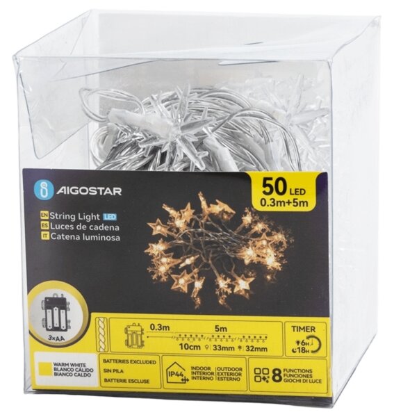 Aigostar - Ghirlandă LED de exterior pentru Crăciun, 50 LED/8 funcții, 3xAA, 5 m, IP44, alb cald, stele