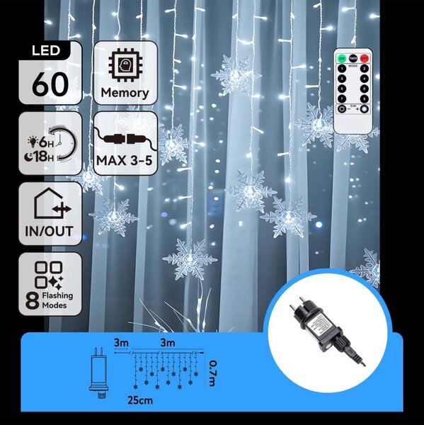 Aigostar - Ghirlandă LED de Crăciun pentru exterior 120 LED/6W/230V/8 funcții 3x0,7m IP44 alb rece + telecomandă