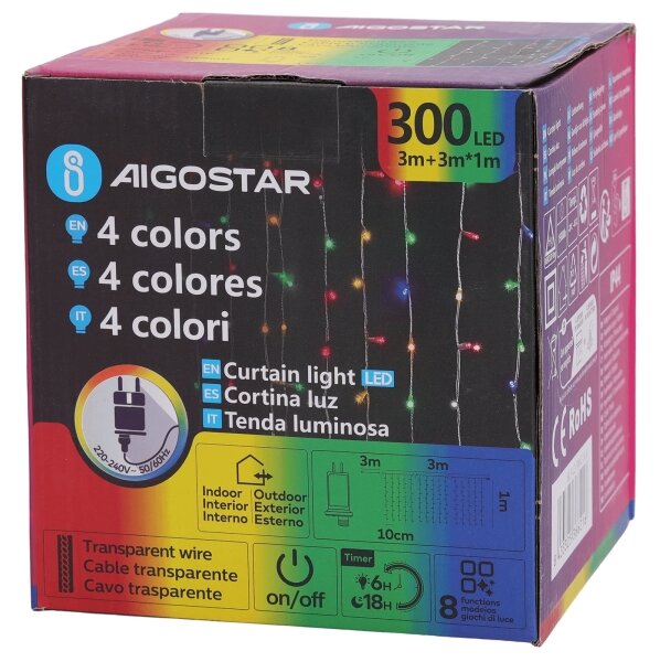 Aigostar - Ghirlandă de Crăciun LED RGBY pentru exterior, 300 LED/6W/230V, 8 moduri, 3x1 m, IP44 + telecomandă