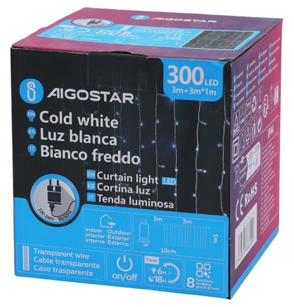 Aigostar - Ghirlandă luminoasă LED pentru exterior, 300 LED/6W/230V, 8 moduri, 3 x 1 m, IP44, alb rece, cu telecomandă