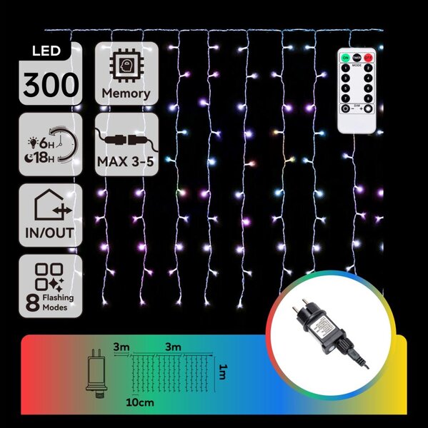 Aigostar - Ghirlandă de Crăciun LED RGBY pentru exterior, 300 LED/6W/230V, 8 moduri, 3x1 m, IP44 + telecomandă
