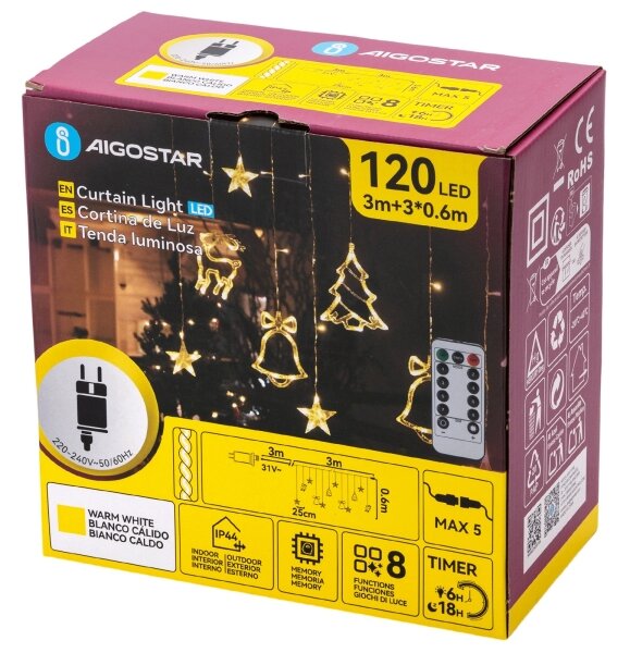 Aigostar - Ghirlandă LED de exterior pentru Crăciun 120xLED/6W/230V/8 funcții 3x0,6m IP44 alb cald+telecomandă