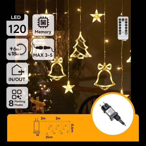 Aigostar - Ghirlandă LED de exterior pentru Crăciun 120xLED/6W/230V/8 funcții 3x0,6m IP44 alb cald+telecomandă