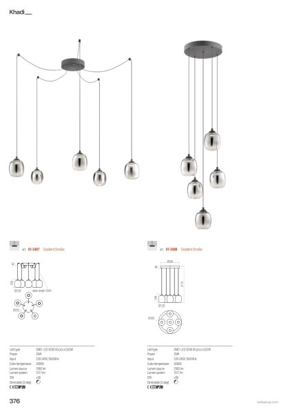 Redo 01-3488 - Lustru LED dimabil KHADI suspendat pe cablu, 5 x LED / 5,2 W / 230 V, negru/fumuriu