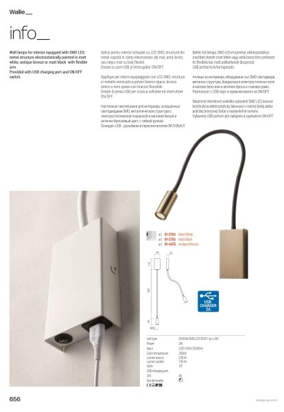 Redo 01-4475 - Lampă flexibilă LED WALLIE, 3W, 230V, USB, CRI 90, bronz