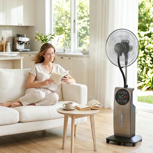HOMCOM Ventilator cu Nebulizare, Rezervor 3.1L, 3 Moduri, 3 Viteze, Funcție Anti-Țânțari, Ventilator de Tip Coloană, Roți, Oscilație 70°, Înclinare 10°, Cronometru 12h, Display LED, Telecomandă, 90W, 138cm | Aosom Romania