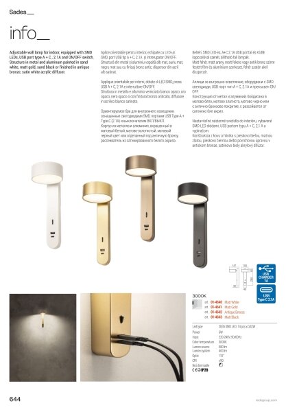 Redo 01-4643 - Aplica de perete LED SADES, 6W, 230V, CRI 90, USB, negru