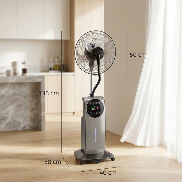 HOMCOM Ventilator cu Nebulizare, Rezervor 3.1L, 3 Moduri, 3 Viteze, Funcție Anti-Țânțari, Ventilator de Tip Coloană, Roți, Oscilație 70°, Înclinare 10°, Cronometru 12h, Display LED, Telecomandă, 90W, 138cm | Aosom Romania