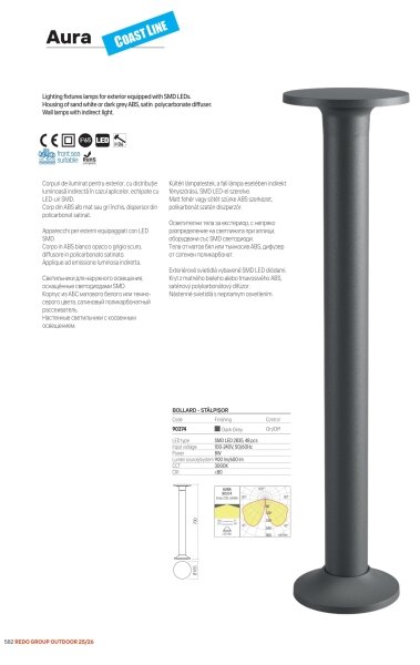 Redo 90374 - Lampă LED de exterior AURA, 8W, 230V, 3000K, 70 cm, IP65, antracit
