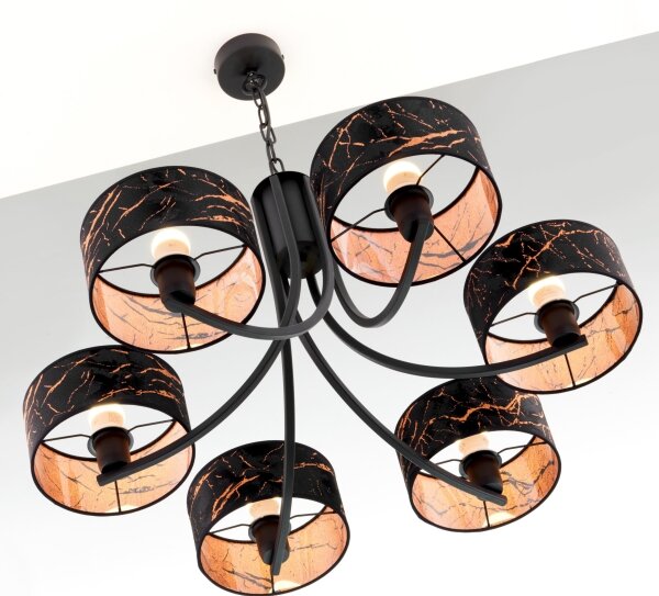 Jupiter 2108- Candelabru pe lanț ARTHUR 6xE27/15W/230V negru/portocaliu/decor marmură