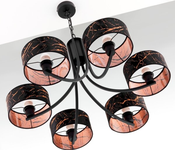 Jupiter 2108- Candelabru pe lanț ARTHUR 6xE27/15W/230V negru/portocaliu/decor marmură
