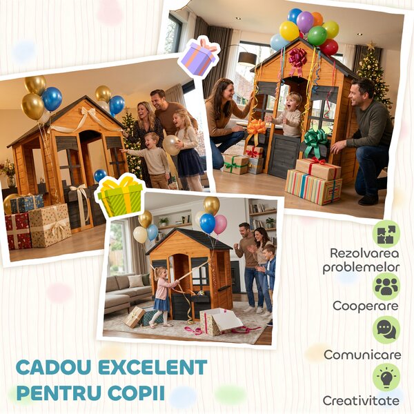 AIYAPLAY Căsuță din Lemn Copii cu Jardiniere, pentru Joacă Exterior/Interior, Vârsta 3-8, Maro | Aosom Romania