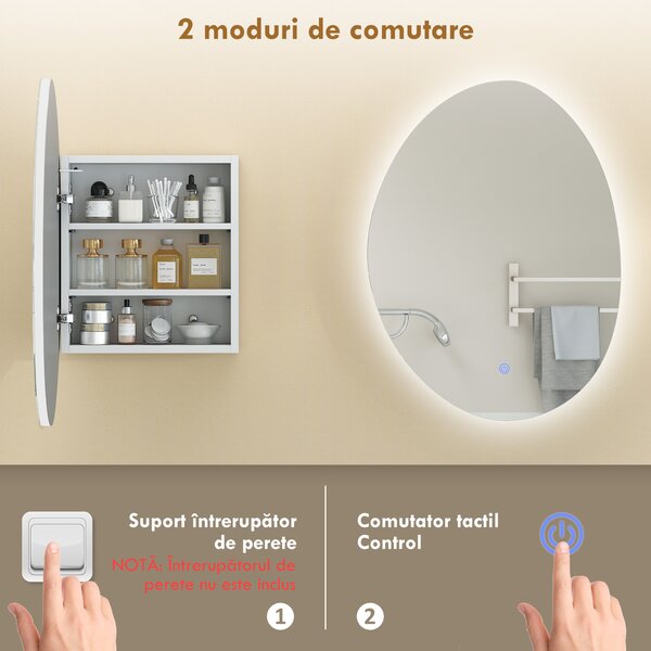 HOMCOM Dulap Baie LED, Anti-Condens, Iluminare Reglabilă 3 Tonuri, Alb, Montare pe Perete | Aosom Romania