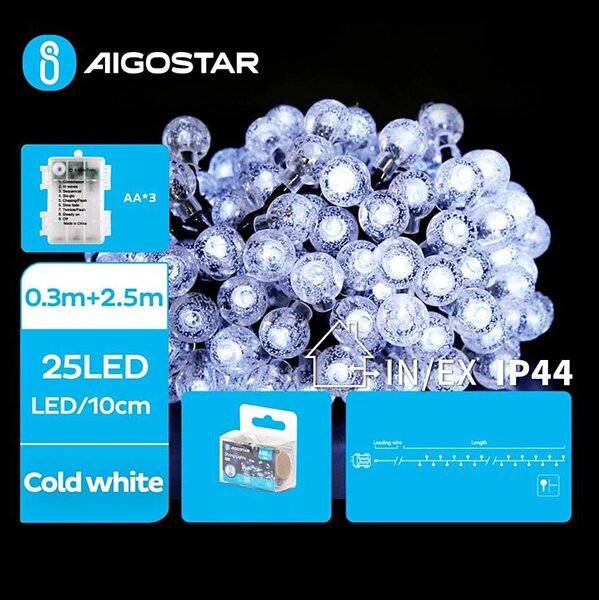 Aigostar - Ghirlandă LED pentru exterior 25xLED/3xAA/8 funcții 2,8 m IP44 alb rece