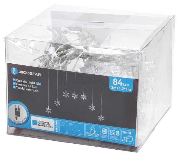 Aigostar - Ghirlandă LED pentru exterior, 84 LED, 230V, 1,2 x 1 m, IP44, alb rece, cu decorațiuni în formă de fulgi