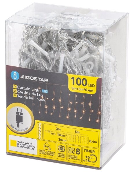 Aigostar - Ghirlandă LED pentru exterior, 100 LED / 8 funcții, 5 x 0,4 m, IP44, alb cald