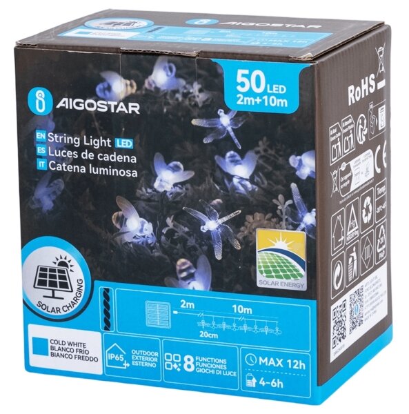 Aigostar - Ghirlandă solară decorativă cu LED, 50 LED, 8 moduri, 10 m, 800 mAh, IP65, alb rece