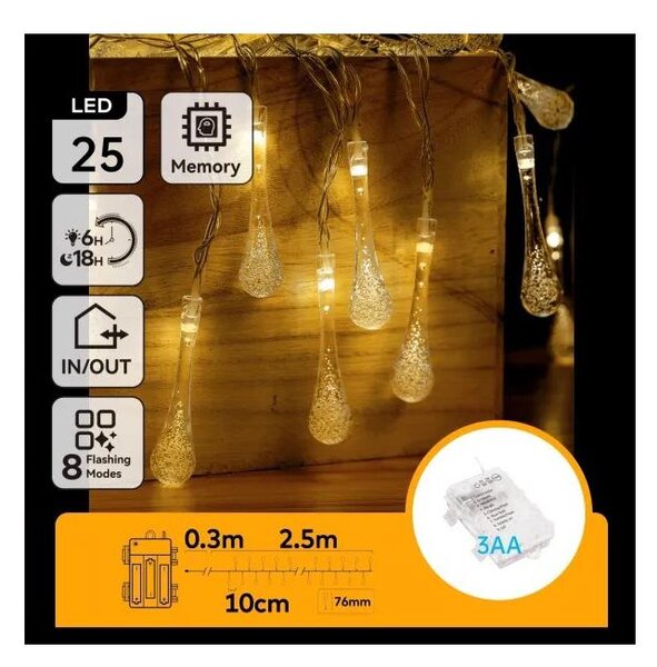 Aigostar - Ghirlandă LED de exterior pentru Crăciun, 25 LED, 8 funcții, 3xAA, 2,5 m, IP44, alb cald, picături