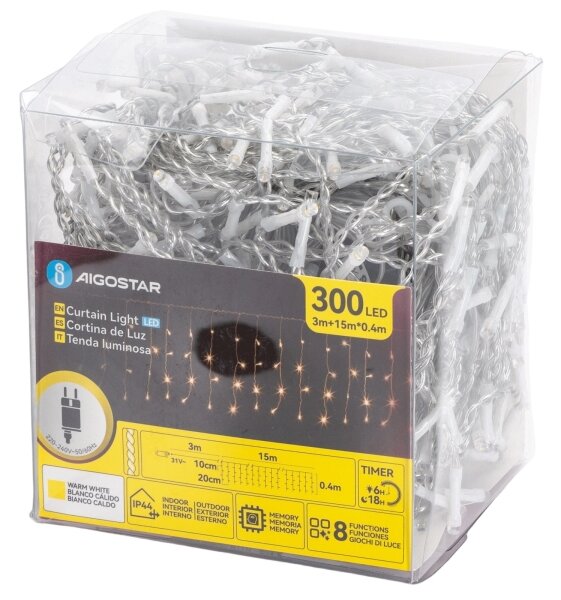 Aigostar - Ghirlandă LED de Crăciun pentru exterior 300xLED/6W/230V/8 funcții 15x0,4m IP44 alb cald