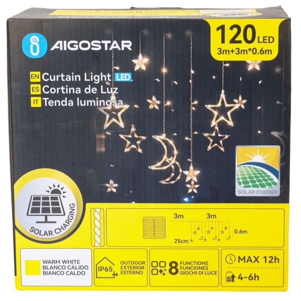 Aigostar - Ghirlandă solară LED de Crăciun, 120 LED, 8 moduri, 3 x 0,6 m, 500 mAh, IP65, alb cald