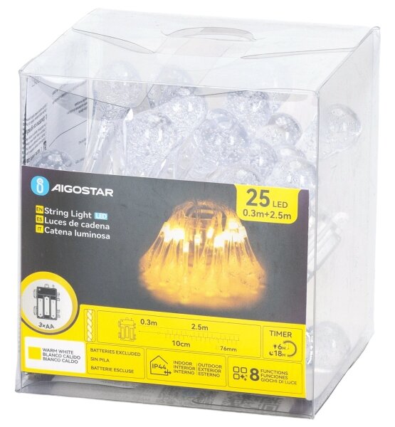 Aigostar - Ghirlandă LED de exterior pentru Crăciun, 25 LED, 8 funcții, 3xAA, 2,5 m, IP44, alb cald, picături