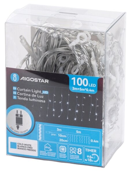 Aigostar - Ghirlandă LED pentru exterior, 100x LED, 8 funcții, 5 x 0,4 m, IP44, alb rece