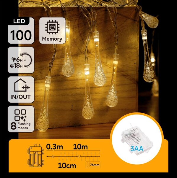 Aigostar - ghirlandă LED de exterior pentru Crăciun 100xLED/8 funcții 3xAA 10m IP44 alb cald picături