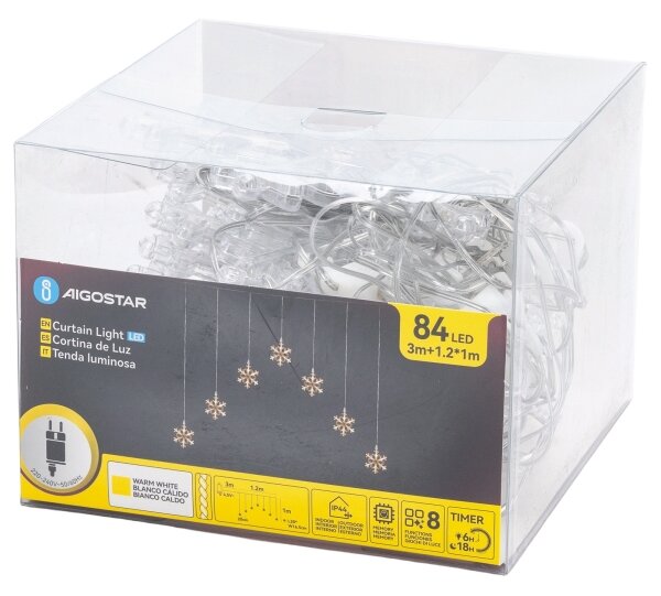 Aigostar - Ghirlandă LED pentru exterior, 84 LED, 230 V, 1,2 x 1 m, IP44, alb cald, fulgi de zăpadă