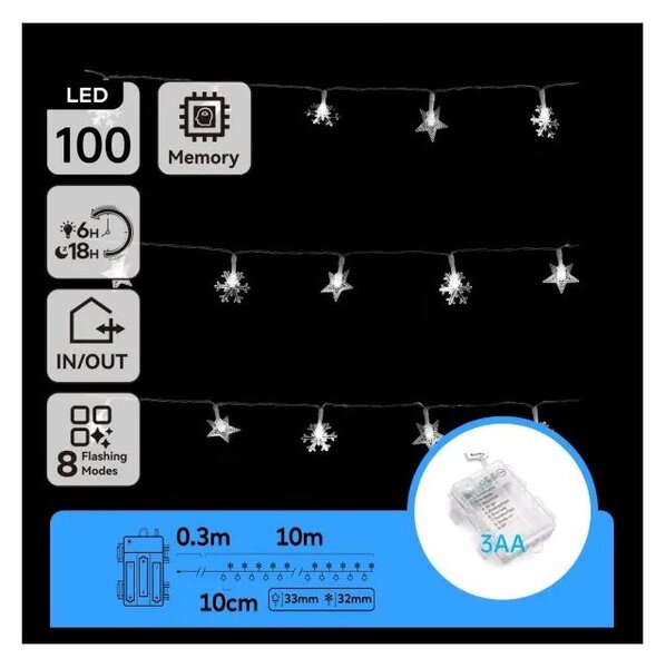 Aigostar - Lanț luminos LED pentru exterior, 100 LED, 8 funcții, 3x AA, 10 m, IP44, alb rece