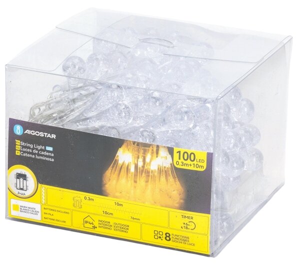 Aigostar - ghirlandă LED de exterior pentru Crăciun 100xLED/8 funcții 3xAA 10m IP44 alb cald picături