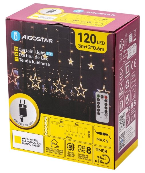 Aigostar - Ghirlandă LED de Crăciun pentru exterior, 120xLED/6W/230V/8 funcții, 3x0,6 m, IP44, alb cald + telecomandă