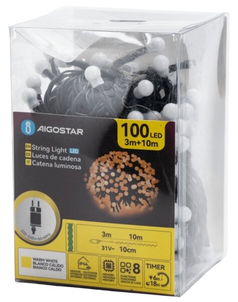 Aigostar - Ghirlandă LED decorativă pentru exterior 100xLED/3,6W/230V/8 funcții 10m IP44 alb cald