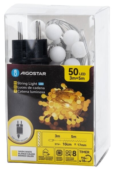 Aigostar - Ghirlandă LED decorativă pentru exterior, 5 m, 50 LED, 3,6 W, 230 V, 8 funcții, IP44, alb cald