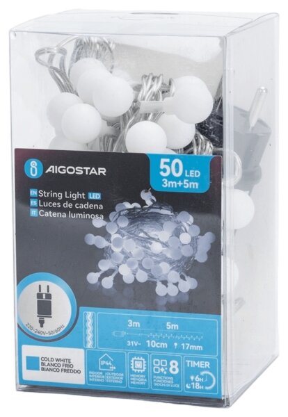 Aigostar - Ghirlandă LED Ven. decorativă, 50 LED, 3,6 W, 230 V, 8 funcții, 5 m, IP44, alb rece
